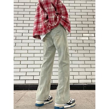 美式復古vibe高街牛仔褲男潮牌寬松直筒水洗做舊黃泥色顯瘦微喇褲