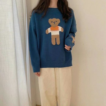 設計感小眾小熊毛衣女加厚寬松套頭百搭學生慵懶風圓領針織衫潮