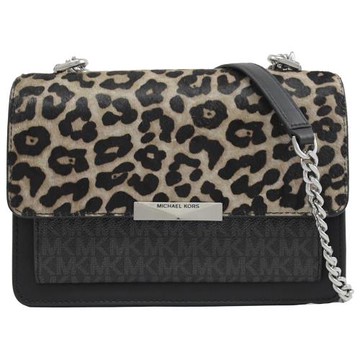 MICHAEL KORS JADE 豹紋印花毛布翻蓋肩斜背鍊包.黑