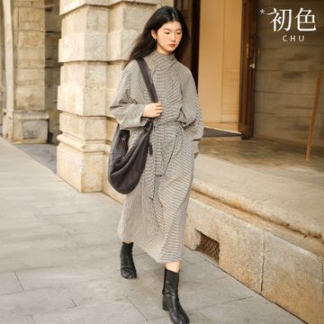 初色 法式復古高領長袖寬鬆格子綁帶收腰中長裙連衣裙連身洋裝長裙-黑白格紋-16464(M-2XL可選)