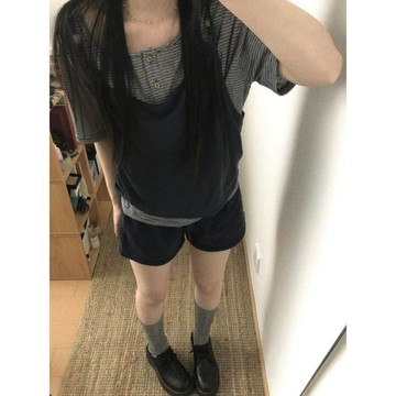 【WYZ】撞色紋兩件式疊穿細肩帶短袖T恤女夏季寬鬆慵懶休閒落肩圓領上衣