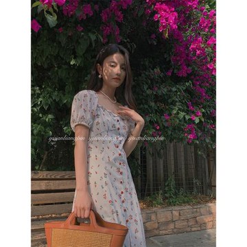 一三良品小個子 西西里漫花～法式方領修身收腰碎花連衣裙長裙夏