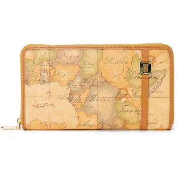 Alviero Martini 義大利地圖包 1C LOGO 12卡拉鍊長夾19cm-地圖黃