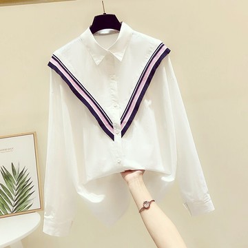 品牌折扣女裝專柜撤柜剪標清倉特價春秋別致拼接條紋長袖襯衫上衣