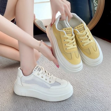 【白鳥麗子】休閒鞋 百搭皮革拼接透氣網布繫帶厚底包鞋 店長推薦