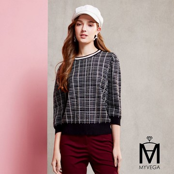 🎈熱銷超值價MA 羊毛五彩燙鑽格紋針織上衣-黑