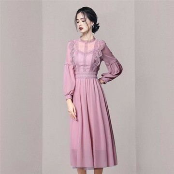 名媛仙女秋季新款連衣裙2022年女宮廷風蕾絲粉色氣質長袖收腰裙子