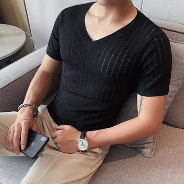 夏季V領t恤男短袖針織薄款潮流休閑高端冰絲體恤修身韓版百搭半袖