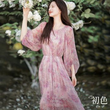 初色 輕薄印花綁帶七分長袖連衣裙雪紡連身洋裝長洋裝-粉色-35858(M-2XL可選)