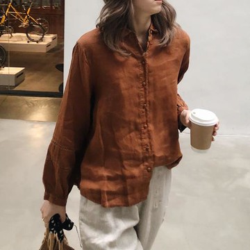 2025春夏新女 日系大碼復古文藝寬松顯瘦棉麻亞麻翻領長袖襯衫開