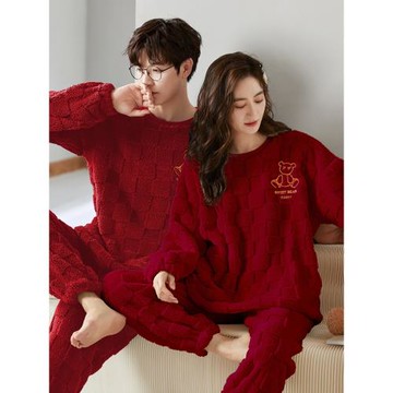 情侶睡衣秋冬季法蘭絨女款加厚加絨男士紅色套裝珊瑚絨新婚家居服