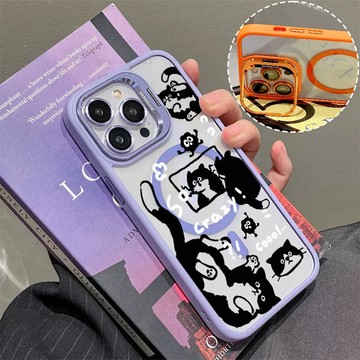趣味塗鴉貓狗磁吸手機殼 金屬鏡頭支架 保護殼 適用於iPhone 17 16 15 14 13 12 11 Max防摔殼