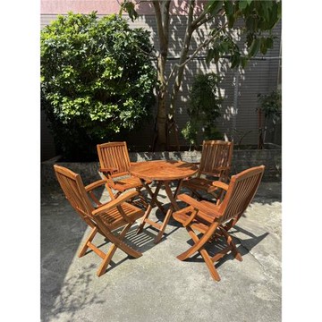 80公分圓桌＋柚木扶手摺疊椅4入