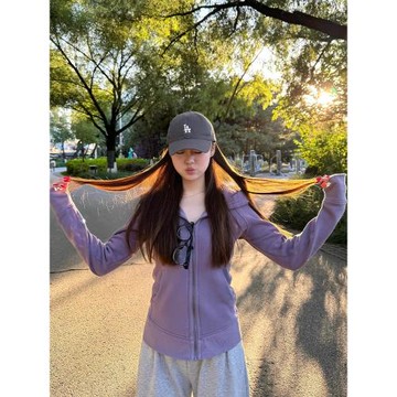 紫色修身衛衣外套女秋冬季加絨收腰緊身深秋初冬千金風miu系穿搭