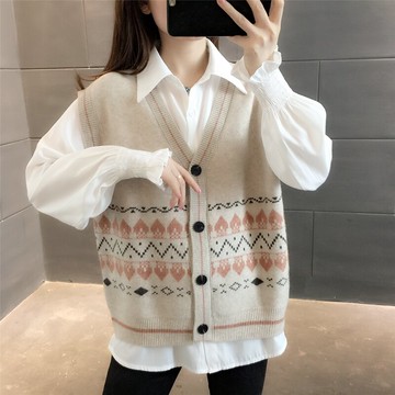2021秋季V領馬甲女復古提花寬松毛衣背心坎肩無袖毛針織開衫馬夾