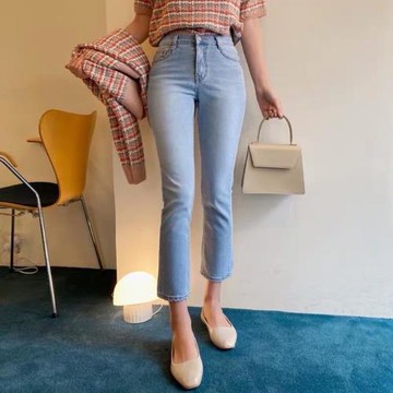 直筒牛仔褲女淺藍色九分2022春秋新款顯瘦高腰煙管韓版小個子八分