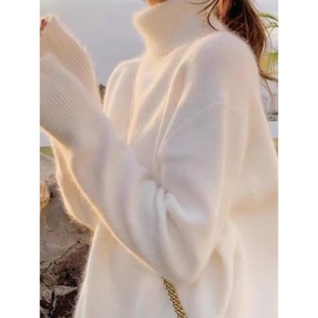 秋冬水貂絨軟糯白色高領毛衣女加厚馬海毛內搭寬松慵懶打底針織衫