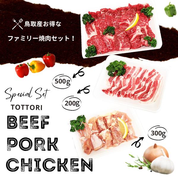 焼肉セット 1kg(３〜5人前) 牛肉 豚肉 鶏肉 焼き肉 バーベキュー BBQ 鳥取県産ファミリーセット たっぷり１キロ 送料無料