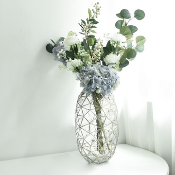 éclat 匠心花藝 橢圓鑽石幾何金邊花瓶組 含花朵及仿真植物12枝  20 x 34 x 20cm  藍色