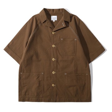 Incense Harbou 日本泡泡紗布料夏季插肩袖工作襯衫 - 棕色