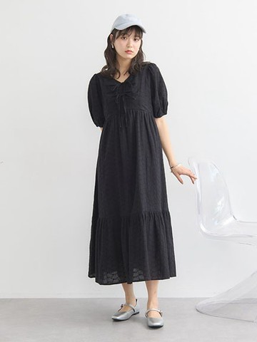 花卉刺繡純棉蝴蝶綁結短袖洋裝(01000310200) - earth music&ecology