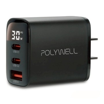 POLYWELL 寶利威爾 三孔PD數位顯示快充頭 30W Type-C 2個 + USB-A PW15-T05-A157  1個  黑色