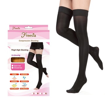 【Freesia】彈性壓力襪-包趾大腿襪(200D/15-22mmHg漸進式壓力)循環襪/彈性襪/美腿襪/運動機能襪