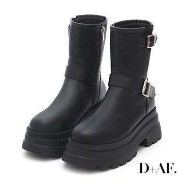 D+AF 明星單品金屬釦鬆糕底機車靴 黑