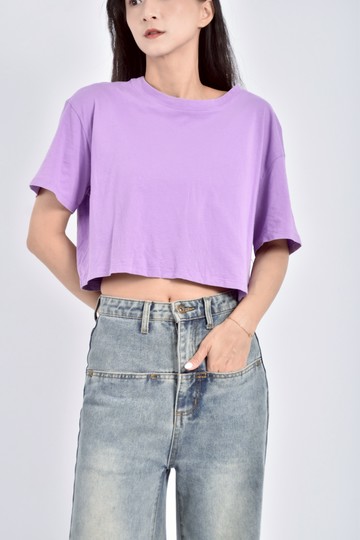 (L) net修身短版質感棉質純棉紫色短袖上衣