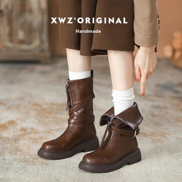 美拉德~中筒真皮馬丁靴女短靴2024款冬季加絨西部牛仔復古時裝靴