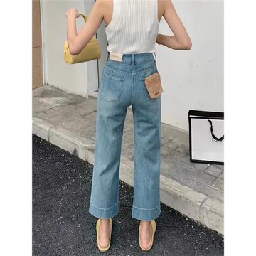 春季四面彈微喇牛仔褲女復古雙扣高腰顯瘦百搭窄版九分休閑直筒褲