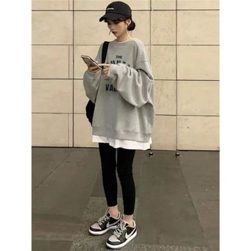 韓國假兩件秋冬新款寬松衛衣女中長款薄款設計感小眾時尚百搭加絨
