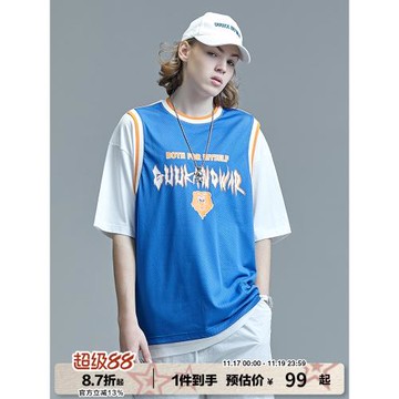 GUUKA網紗假兩件短袖T恤潮牌 情侶嘻哈印花運動籃球衣五分袖T寬松