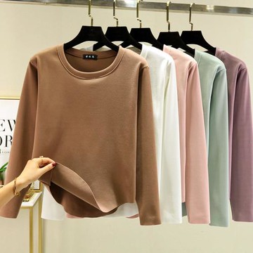 秋冬德絨自發熱打底衫女長袖圓領內搭T恤加絨加厚保暖純色棉上衣