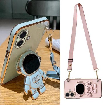 新款電鍍太空人支架適用蘋果17手機殼iPhone16全包17promax女款硅膠15防摔套14帶掛繩13可背12斜挎15plus軟xr