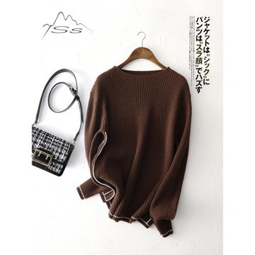 高階感巧克力棕~羊絨衫女100純山羊絨打底圓領薄款坑條針織衫毛衣