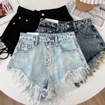時尚高腰單排扣流蘇邊牛仔短褲