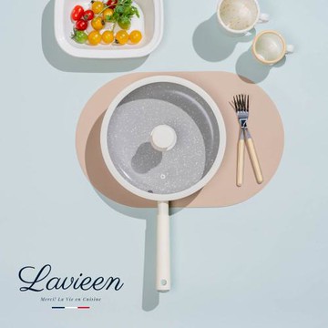 【Korea King】法式優雅天然陶瓷不沾平底鍋-附鍋蓋 霧岩灰 26cm