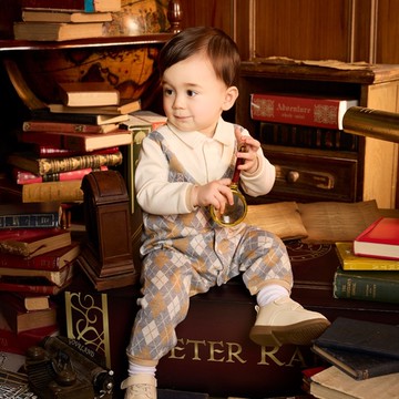 學院比得男緹花菱形假兩件長袖兔裝