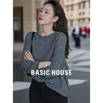 Basic House/百家好灰色100%羊毛針織衫女2025秋冬保暖圓領打底衫