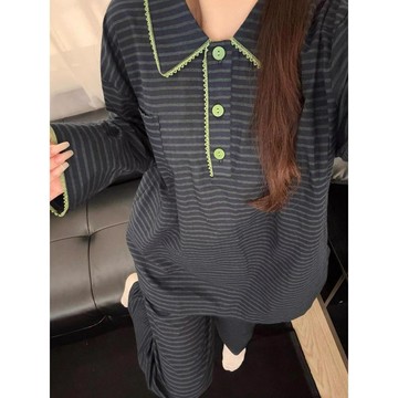 日系休閒簡約條紋睡衣女早秋新款公主風長褲可外穿居家服兩件套休閒睡衣長袖睡衣女生長袖睡衣睡衣女生居家服套裝