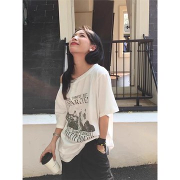 Berry2025夏季新款韓版寬松字母印花斜肩短袖T恤女百搭露肩上衣潮