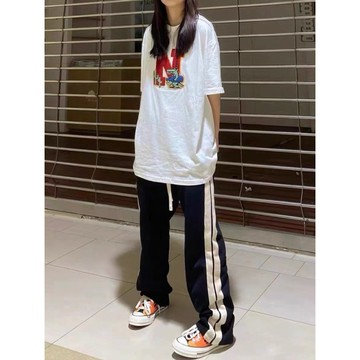 【PORY STORE】似Fog版型 韓國 歐美街頭 抽繩撞色邊條運動褲 闊腿褲 落地褲