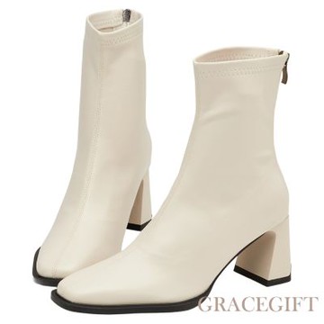 【Grace Gift】時髦歐膩方頭後拉鍊車線高跟襪靴 米白