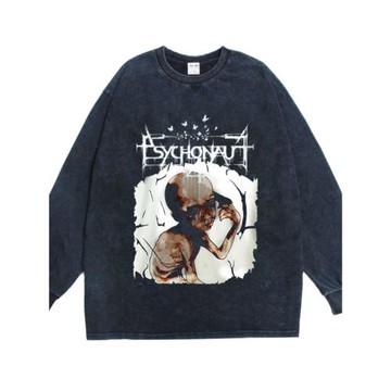 抑郁黑金屬Psychonaut 4搖滾樂隊水洗做舊T恤寬松長袖重磅純棉