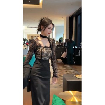 女裝秋冬款黑色性感氣質蕾絲裙子