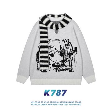 K787 2024冬季二次元卡通慵懶風針織衫女可愛甜美套頭毛衣~送圍巾