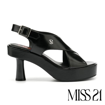 MISS 21 甜酷黑系小叛逆純色LOGO交叉寬帶大頭粗跟高跟涼鞋－黑