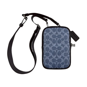 [平輸版] 【COACH】丹寧藍C LOGO PVC拼接深藍色素面皮革方型小款斜背男包 真品平輸