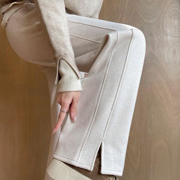 愛依依長褲 寬褲 寬褲 休閒褲S-3XL新款人字紋羊毛闊腿褲女毛呢開叉褲子直筒休閒-13550.